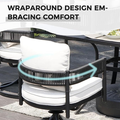 Grand patio 7 PCS Outdoor Dining Set, Patio Table and Chairs Set for 6, Metal Woven Wicker Swivel Patio Chairs with Thickened Cushions & 1 Rectangular Woodgrain Dining Table with Umbrella Hole (Black)