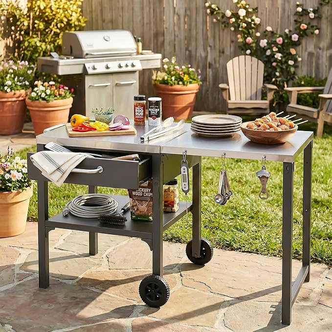 JIJIWANG 54.7" Outdoor Kitchen Island with Stainless Steel Top and Foldable Table, Kitchen Island with Drawer and Shelf, BBQ Cart with Wheels for Backyard Patio Gray