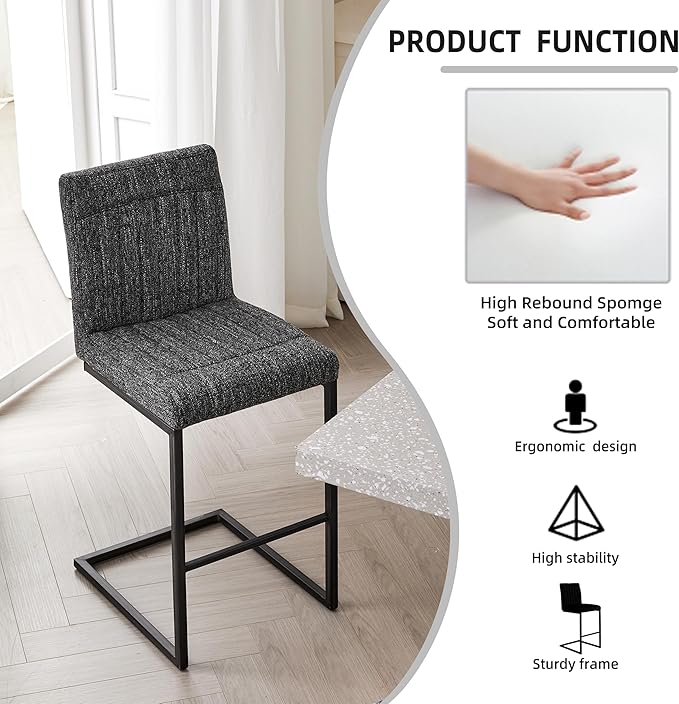 26" Counter Height Bar Stools Set of 2, Modern Upholstered Chairs with Vertical Tufted Backrest & Footrest, Metal Frame for Kitchen Island, Home Bar (Dark Gray Knitted)