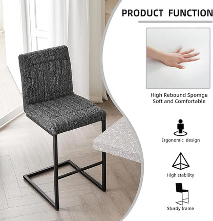 26" Counter Height Bar Stools Set of 2, Modern Upholstered Chairs with Vertical Tufted Backrest & Footrest, Metal Frame for Kitchen Island, Home Bar (Dark Gray Knitted)