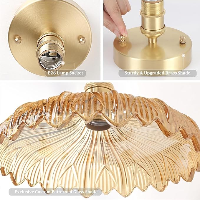 Shenmoyl Semi Flush Mount Vintage Lights Fixture with Amber Flower Glass, Bulb Included, 4.72" Base Modern Ceiling Light for Porch, Kitchen, Bedroom