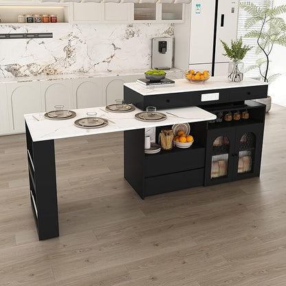 Kitchen Island Set with 2 Solid Wood Chairs, Extendable Rotating Table,with Marble Veneer Retro Design, 4 Drawers Glass Door Cabinets, Expandable Dining Station for 2 4 Person