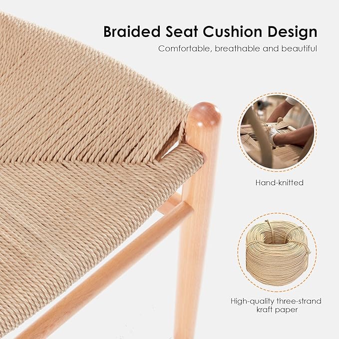 Modern Dining Chairs with Natural Weave Seat - Sturdy Construction Bar Stools for Kitchen Island, Versatile Use in Dining Room and Bedroom, Stylish Simple Design Comfortable Fully Assembled,Natural-Ra