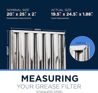 Kleen-Gard Stainless Steel Commercial Kitchen Hood Filter, Range Hood Baffle Grease Filter for Restaurant Kitchen Exhaust Hoods, 20H x 25W | Actual Size: 19.5H x 24.5W x 1.88D inches | (Pack of 2)