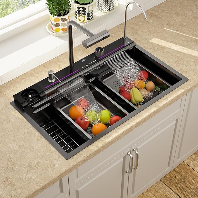 Lordear Drop In Kitchen Sink, 33 inch Black Waterfall Sink 16 Gauge Stainless Steel, Above Counter Smart Kitchen Sinks, Single Bowl with Integrated Control for Powerful Cleaning