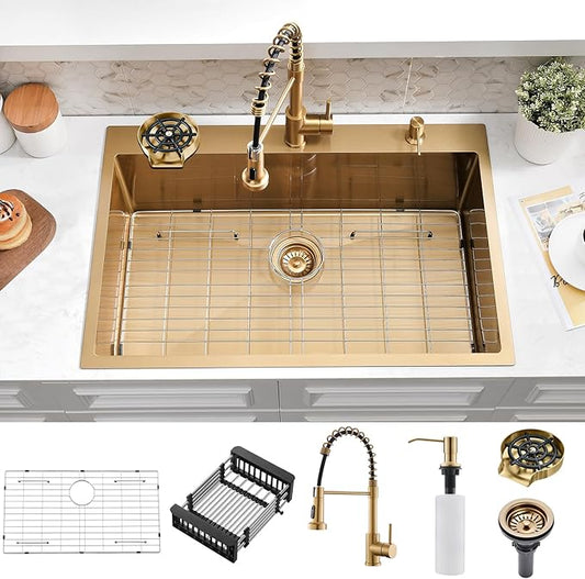 36×22 Drop In Kitchen Sink with Faucet Combo-Stainless Steel Gold Drop In Sink with Cup Washer, 9 Inch Deep Single Bowl Kitchen Sinks and Faucets Combo Set,Top Mount Design for Modern Kitchens