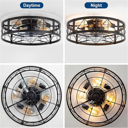 ZYD Caged Ceiling Fan with Light, 20" Ceiling Fan with Lights and Remote Flush Mount, Bladeless Caged Ceiling Fans with Lights, Matte Black Rustic Fan for Bedroom, Kitchen, Dining Room