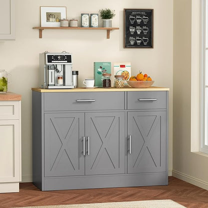 Shintenchi 3 Doors Farmhouse Sideboard Buffet Cabinet, 42" Barn Doors Buffet with Storage, Wood Coffee Bar Cabinet with Adjustable Shelf for Kitchen, Living Room,Grey