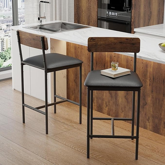 GAOMON Bar Stools Set of 2, Kitchen Bar Stools with Footrest, 25.5 Inches Upholstered Bar Chairs with Back, Counter Height Barstools for Counter Bar, Island, Easy Assembly, Rustic Brown
