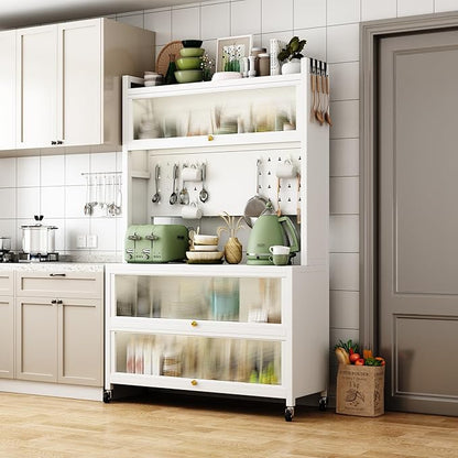 Runboll 65" Bar Cabinet Kitchen Pantry Cabinet Storage with Microwave Shelf 5 Tier Metal Sideboard Baker's Rack Coffee Bar Hutch Buffet Laundry Storage, with Wheels & Hooks