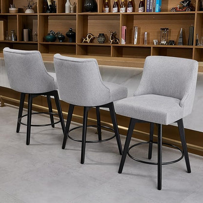 Counter Height Bar Stools Set of 4, Swivel Barstools with Backs and Wood Legs, Linen Fabric Upholstered Counter Stools for Kitchend Island, Mid-Century Modern 26" Seat Height Bar Chairs, Grey
