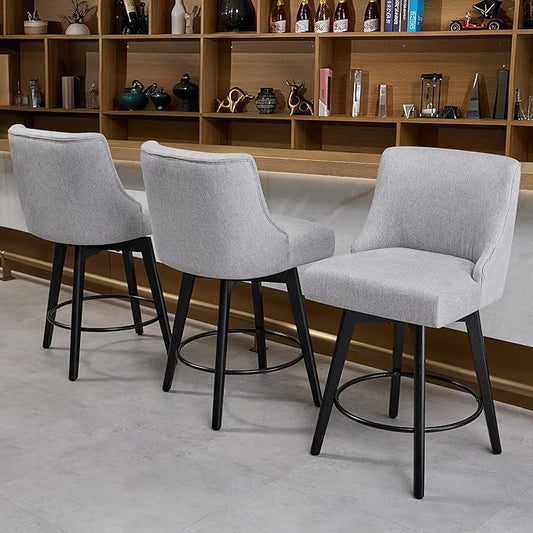 Counter Height Bar Stools Set of 4, Swivel Barstools with Backs and Wood Legs, Linen Fabric Upholstered Counter Stools for Kitchend Island, Mid-Century Modern 26" Seat Height Bar Chairs, Grey