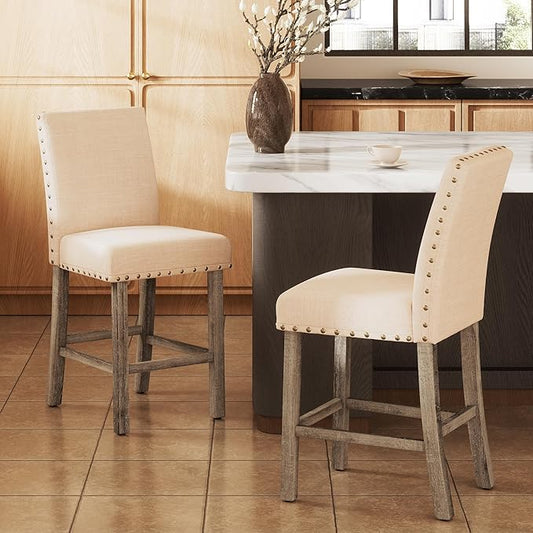 Bar Stools Set of 2, 25.5' Farmhouse Counter Height Barstools, Linen Upholstered Bar Chairs with Ergonomic Backrest and Wood Legs for Kitchen, Island, Home Bar, Beige