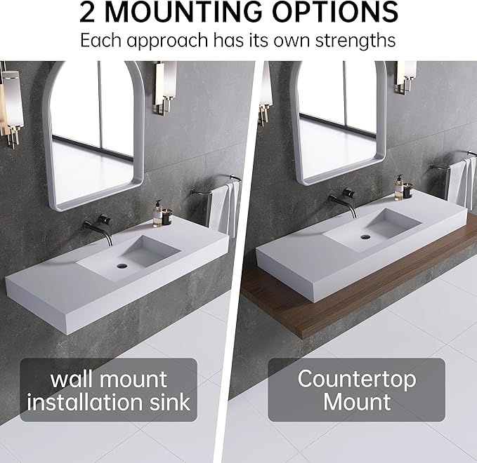 47"X19" Wall Mount Sink Matte Bathroom Vanity Vessel Sinks Artificial Stone Rectanglee Indoor Outdoors Modern Floating or Countertop Freestanding Wall Hang Sink Bowl… (without Holes 47'')