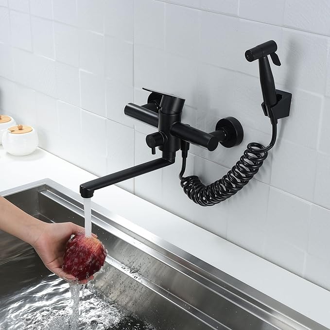Kitchen Sink Wall Mount Faucet, Matte Black Commercial Faucet with Side Sprayer, Stainless Steel Mixer Tap, Unility Sink Faucet, 7.5-8.5 Inches Center, Spout Reach 9.2"