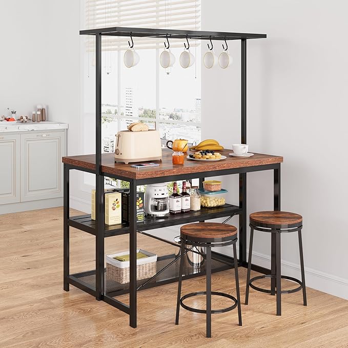 CABIHOME 42" Kitchen Island with Storage & Seating - 3-Tier Bakers Rack, Microwave Stand, Dining Table for 4, 5 Hooks & 50lb Capacity, Multi-Functional Island for Small Kitchens (Brown)