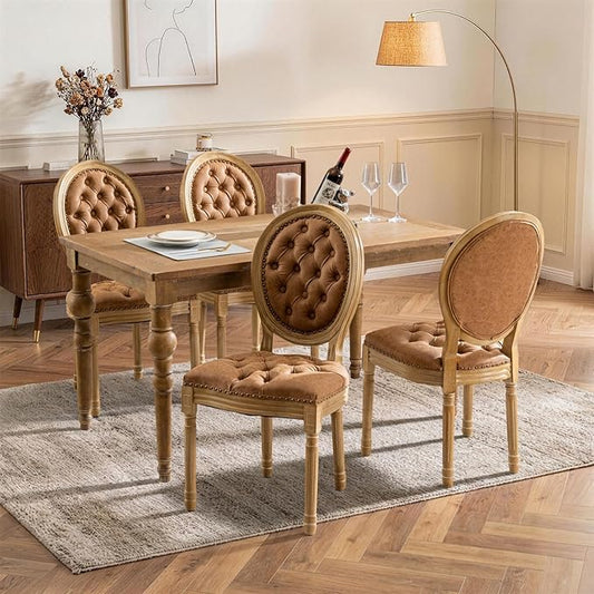 SoarFlash French Dining Chairs Set of 4, Vantage Dining Chair with Round Back, Farmhouse Country PU Leather Dining Chair for Kitchen,Bedroom,Orange