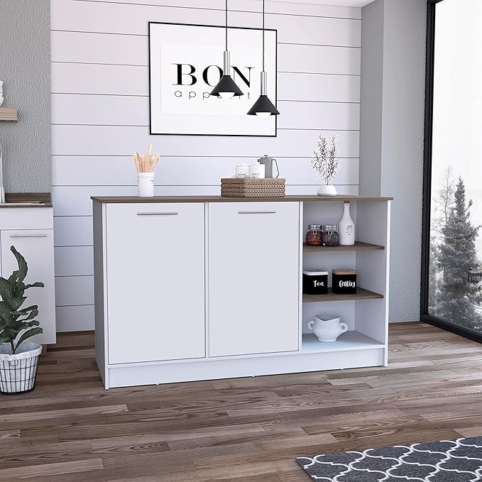 GOWE Kitchen Island Two Cabinets, Three Open Shelves, White/Dark Brown
