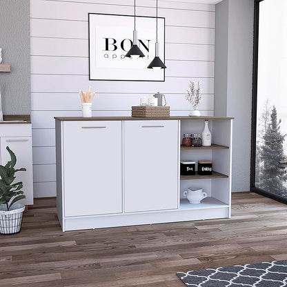 GOWE Kitchen Island Two Cabinets, Three Open Shelves, White/Dark Brown
