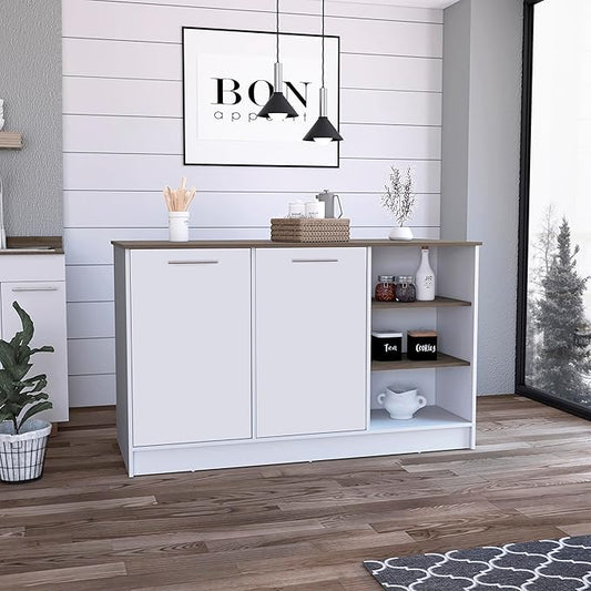GOWE Kitchen Island Two Cabinets, Three Open Shelves, White/Dark Brown