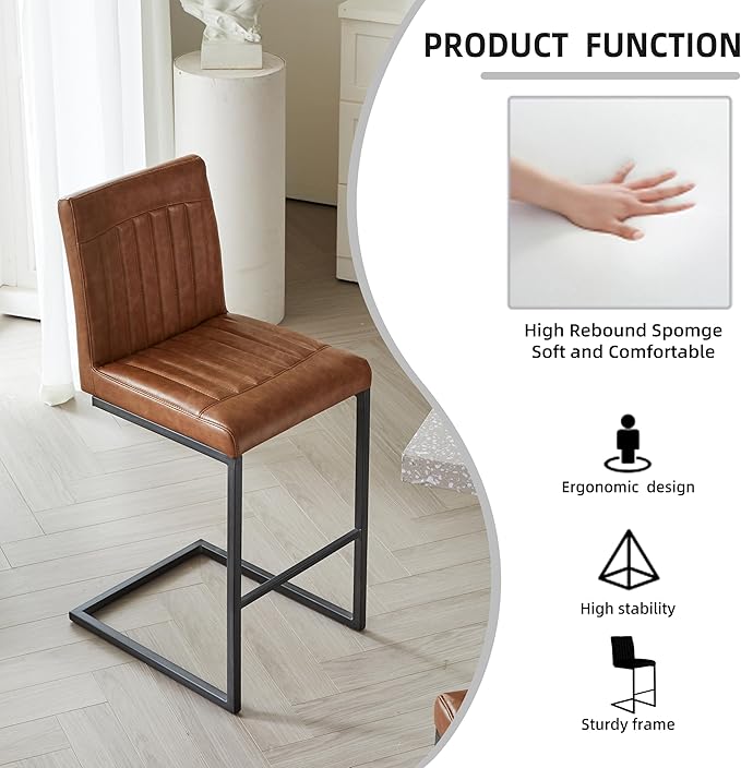 26" Counter Height Bar Stools Set of 2, Modern Upholstered Chairs with Vertical Tufted Backrest & Footrest, Metal Frame for Kitchen Island, Home Bar (Cognac PU Leather)