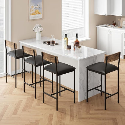 TrailBlaze Bar Stools Set of 4, 37'' Counter Height Kitchen Barstools with Backrest, Thick PU Upholstered Cushion - Metal Legs, Footrest - Kitchen Island, Dining Room, Breakfast Bar - Rustic Brown