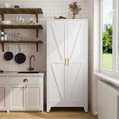 COFaR 71" Metal Pantry Cabinet with 5 Adjustable Shelves, White Storage Cabinet with Doors, Sturdy Freestanding Cupboard for Kitchen Organization, Living Room & Bathroom