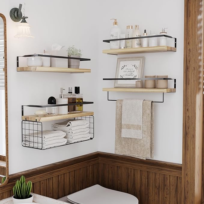 Wood Floating Shelves Wall Mounted - 4+1 Tier Rustic Bathroom Wall Shelves Over Toilet with Wire Storage Basket and Towel Bar, Set of 4 Farmhouse Floating Shelf for Bathroom, Kitchen, Bedroom.