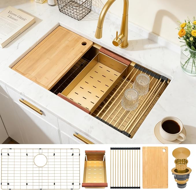 MILOSEN 33 Inch Gold Undermount Kitchen Sink,33" x 19" Gold Stainless Steel Sinks, Single Bowl Workstation Sink with Custom Accessories, Handmade Under Counter Design, 9'' Large and Deep Kitchen Sinks