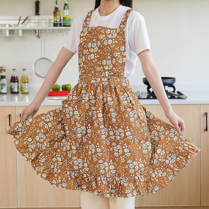 Pinknoke Vintage Pinafore Apron Dress for Women with Pockets Cute Floral Chef Aprons for Kitchen Cooking Baking Gardening