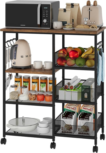 SWTYMIKI Kitchen Island Cart on Wheels - 28.35x14.57in Rolling Kitchen Table Cart with Storage Shelves, 6 Removable Hooks& Locking Casters, Coffee Bar Cabinet for Dining Room Pantry Office, Espresso