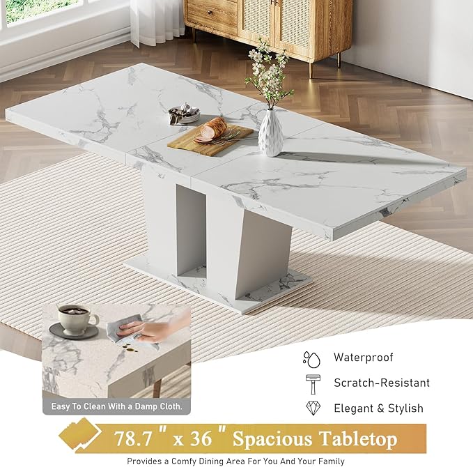 Goujxcy 5-Piece Extendable Dining Table Set for 4-8 People 63-78 Inch Kitchen Table Set with 4 Blue Upholstered Chairs Modern White Faux Marble Rectangular Dining Room Table Set for Kitchen Apartment