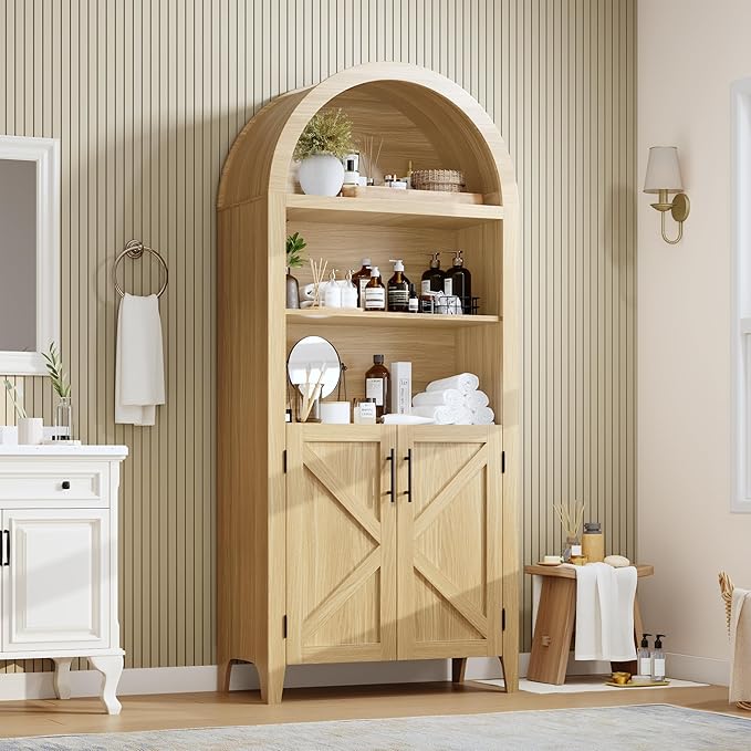 IDEALHOUSE Arched Kitchen Pantry Cabinet with Doors - 5-Tier Open Display Shelf with Nice Texture, Farmhouse Storage Cabinet for Kitchen, Dining Room, Living Room, Natural