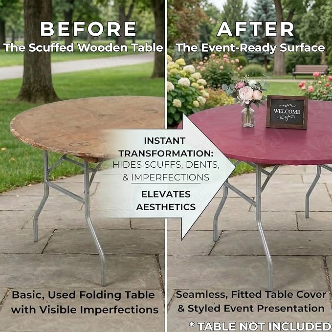 Kwik-Covers 10 Pack of Round Plastic Table Covers - 60" or 72" Round - Indoor or Outdoor Fitted Covers (Tables NOT Included) (Maroon, 72" Round)