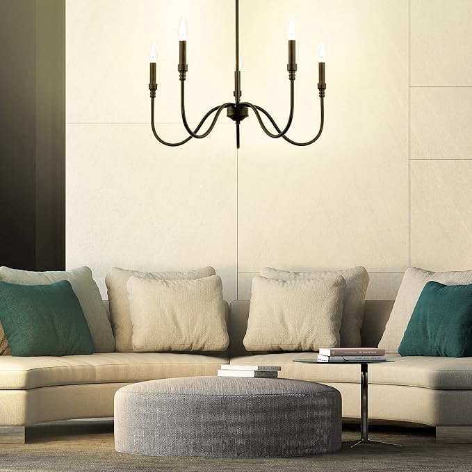 5-Light Farmhouse Chandelier Lighting Fixture, Linear Pendant Light for Kitchen Island, Dining & Living Room, Matte Black Finished