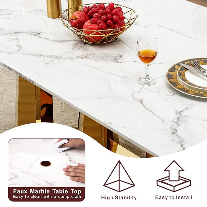70" Marble Dining Table for 6-8, Modern Luxury Gold Rectangular Large Kitchen Table, Marble Grain MDF Tabletop & Stainless Steel Base, Dinner Furniture for Kitchen Dining Room, Meeting Room, White