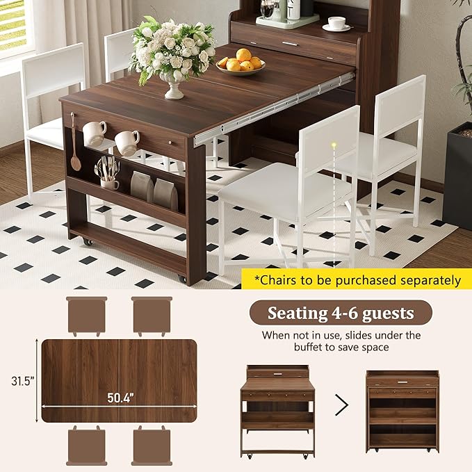 Compact Buffet with Hutch and Foldable Dining Table, Multifunctional Cupboard with Storage Shelf and Side Hooks, 2-in-1 Buffet for Small Places, Studio, Apartment (Walnut-9c)