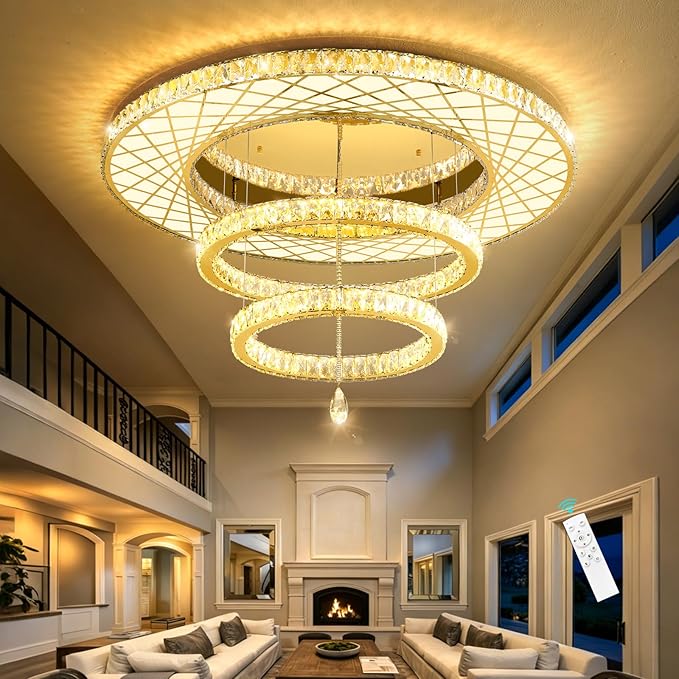 HAIXIANG 48 inch Large Size Glam Chandelier Crystal Ceiling Light for Living Room Chandeliers Lighting Fixtures with Remote Dimmable LED Light,Gold Luxury Interior Light