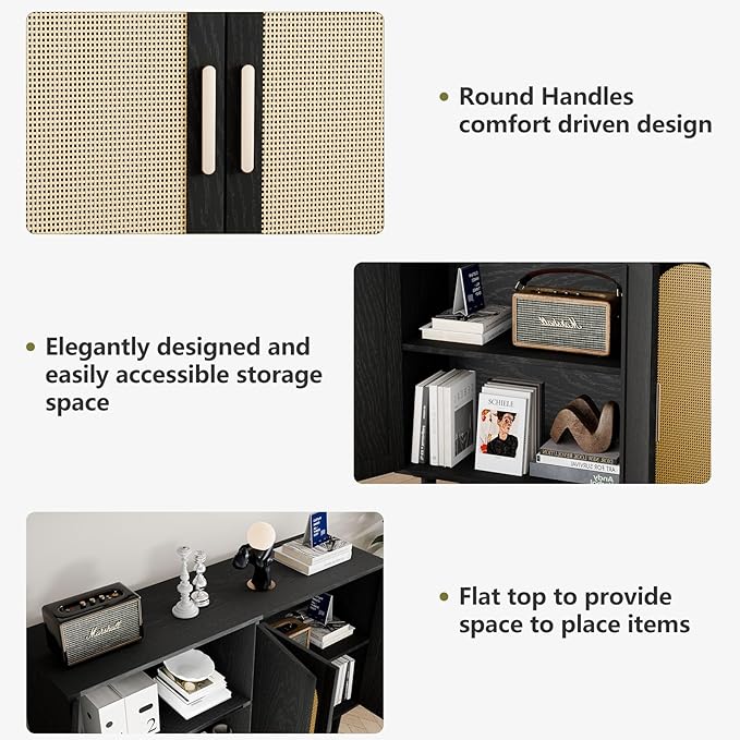 Large Sideboard Buffet Cabinet with Storage, Modern Credenza Buffet Table Coffee Bar Wine Bar Storage Cabinet with Artistic Carved Handle for Dining Room Living Room, (Black&Oak)