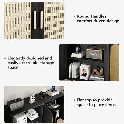 Large Sideboard Buffet Cabinet with Storage, Modern Credenza Buffet Table Coffee Bar Wine Bar Storage Cabinet with Artistic Carved Handle for Dining Room Living Room, (Black&Oak)
