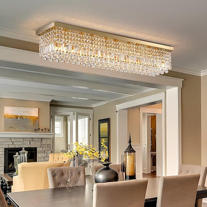 Gold Chandeliers,10-Lights Modern Crystal Chandelier, Rectangular Flush Mount Chandelier,Pendant Light Fixture for Dining Room Kitchen Room Bedroom Bathroom Hotel