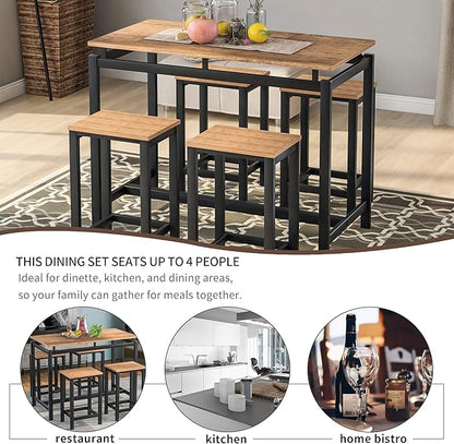 Solid Wood 4-Piece Kitchen DIng Table Set, Counter Height Bar Table Set with 3 Stools and Storage Shelves, Perfect for Home, Kitchen, Living Room (Brown-1)