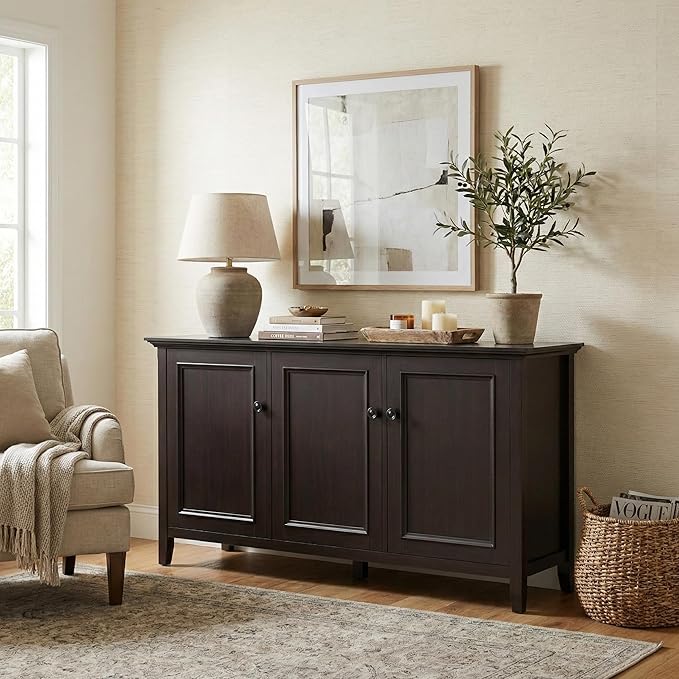 SIMPLIHOME Amherst 60-inch Wide Solid Wood 3-Door Storage Cabinet in Hickory Brown, Transitional-Style Buffet Sideboard for Living Room, Dining Room or Entryway