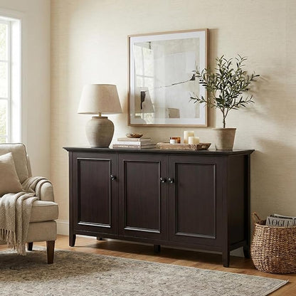 SIMPLIHOME Amherst 60-inch Wide Solid Wood 3-Door Storage Cabinet in Hickory Brown, Transitional-Style Buffet Sideboard for Living Room, Dining Room or Entryway