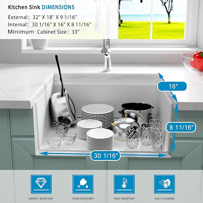 White Undermount Kitchen Sink 32 X 18 inch,Granite Composite Kitchen Sink Undermount/Drop In,Large Single Bowl Workstation Kitchen Sinks (White, 32" X 18")
