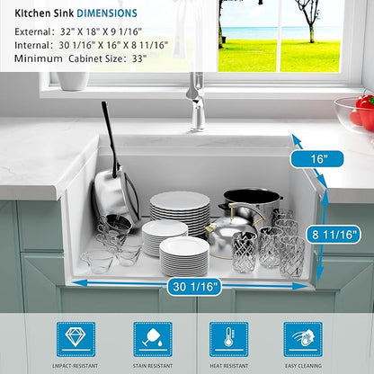 White Undermount Kitchen Sink 32 X 18 inch,Granite Composite Kitchen Sink Undermount/Drop In,Large Single Bowl Workstation Kitchen Sinks (White, 32" X 18")