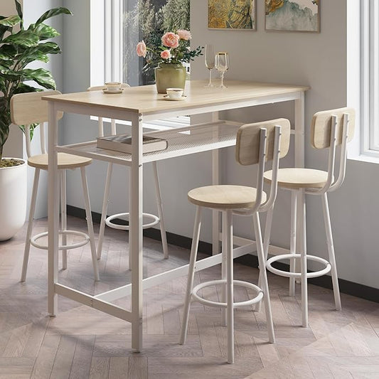 RuiSiSi 5 Piece Counter Height Dining Table Set, Heavy Duty Metal Kitchen Table Set with Storage Shelf and 4 Height Chairs, Modern Bar Table and Chairs Set for Kitchen, Dining Room, Bar, White Oak