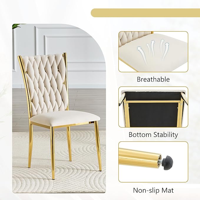 Upholstered Dining Chairs Set of 4, Hand-Woven Back Kitchen Chair, Luxury Gold Dining Chairs,Velvet Upholstery with Metal Legs, Modern Velvet Chair for Dining Room、Kitchen、Restaurant