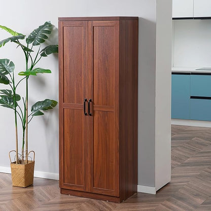 63" Kitchen Pantry, Freestanding Storage Cabinet with 5-Tier Shelving and 2 Adjustable Shelves, 2-Door, Brown, Easy to Maintain, for Dining Room