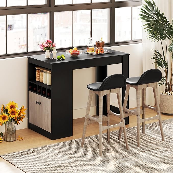 48’’ Dining Table, Modern Kitchen Table with Storage Shelves, Cabinet & Wine Rack, Counter Height Bar Table for Kitchen, Dining Living Room, Bar, Restaurant, Pub, Coffee Shop